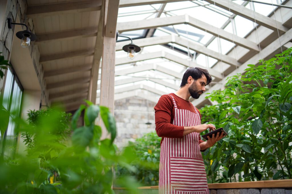 Man gardener with tablet standing in greenhouse, working